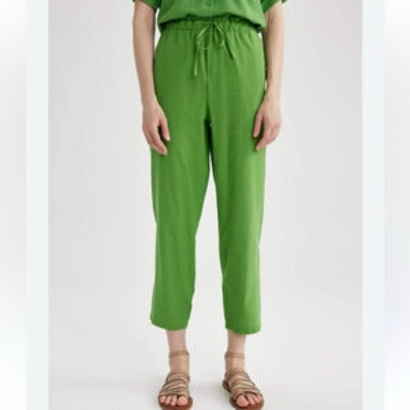 Zara linen pants straight leg high rise pockets drawstring lime green 4043/042 - Picture 10 of 11